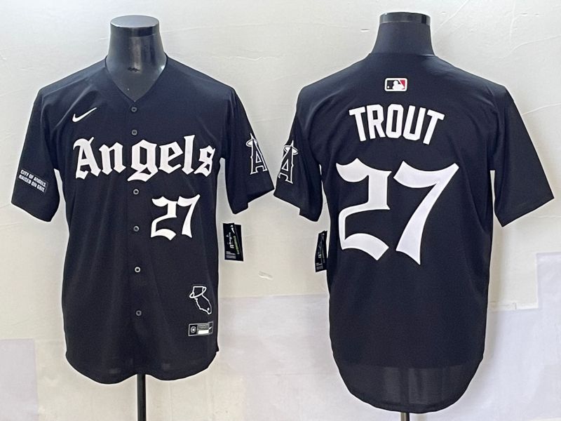 Men 2025 Los Angeles Angels #27 Trout Black Five generations Joint Name Nike MLB Jersey style 13->los angeles angels->MLB Jersey